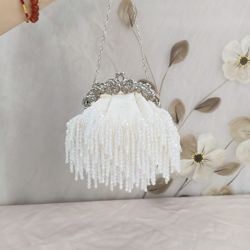 Beige Retro Silk Elegant Chain Evening Hand Bag with Beadings & Tassels