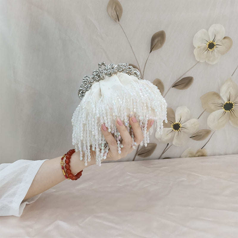 Beige Retro Silk Elegant Chain Evening Hand Bag with Beadings & Tassels