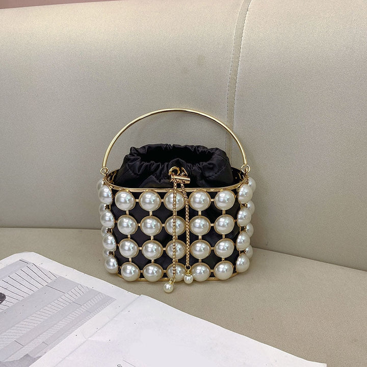 Champagne Elegant Velvet Wedding Party Evening Chain Clutch Bag with White Pearls