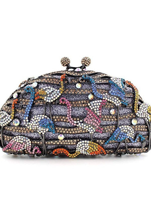 Women's Flamingo Metal Evening Party Clutch Bag with Fully Rhinestones