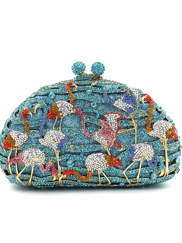 Women's Flamingo Metal Evening Party Clutch Bag with Fully Rhinestones