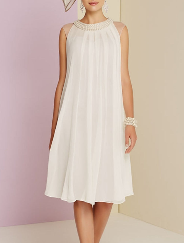 Sheath/Column Wedding Guest  Chiffon Jewel Neck Cocktail Dress Sleeveless Knee-Length With Beading