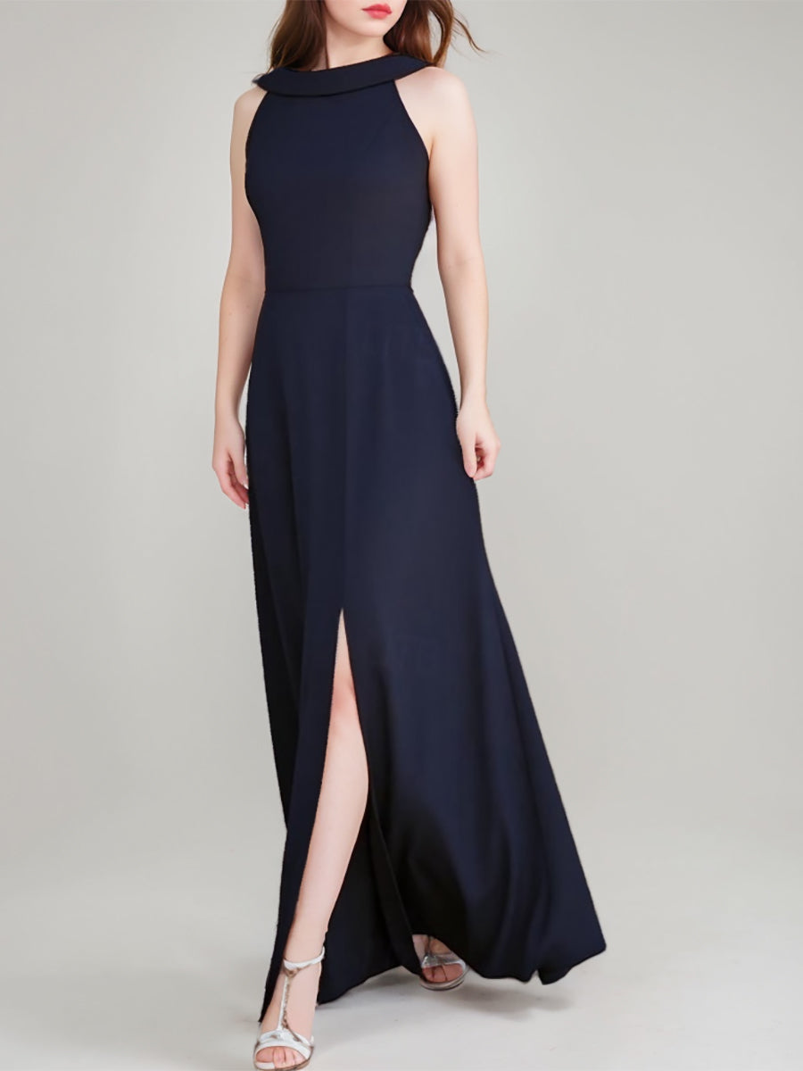 A-Line/Princess Jewel Neck Sleeveless Floor-Length Wedding Guest Dress with Split Side