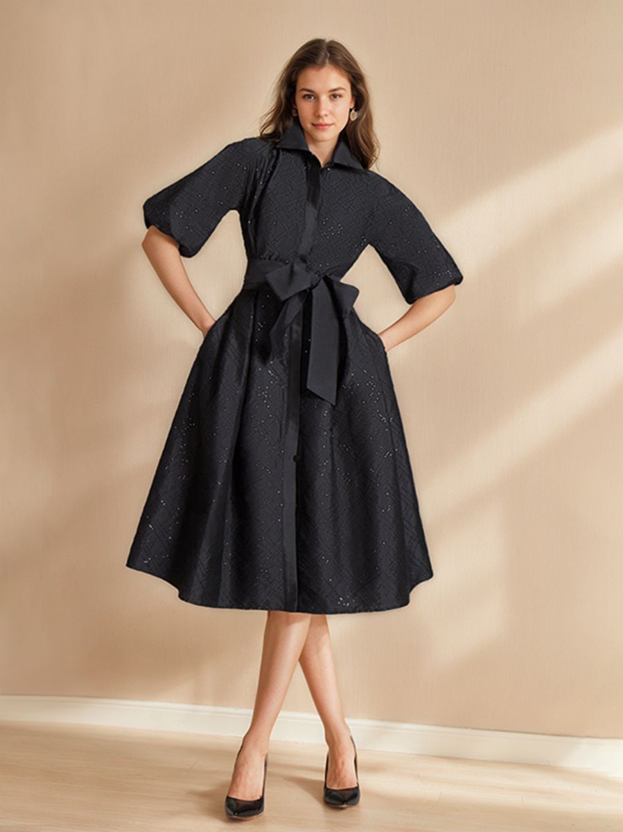 A-Line/Princess Shirt Collar Half Sleeves Knee-Length Chic Wedding Guest Dress with Bow Belt