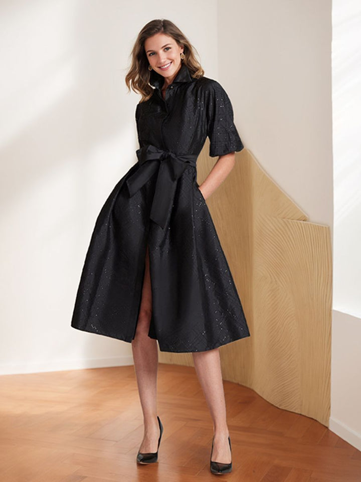 A-Line/Princess Shirt Collar Half Sleeves Knee-Length Chic Wedding Guest Dress with Bow Belt