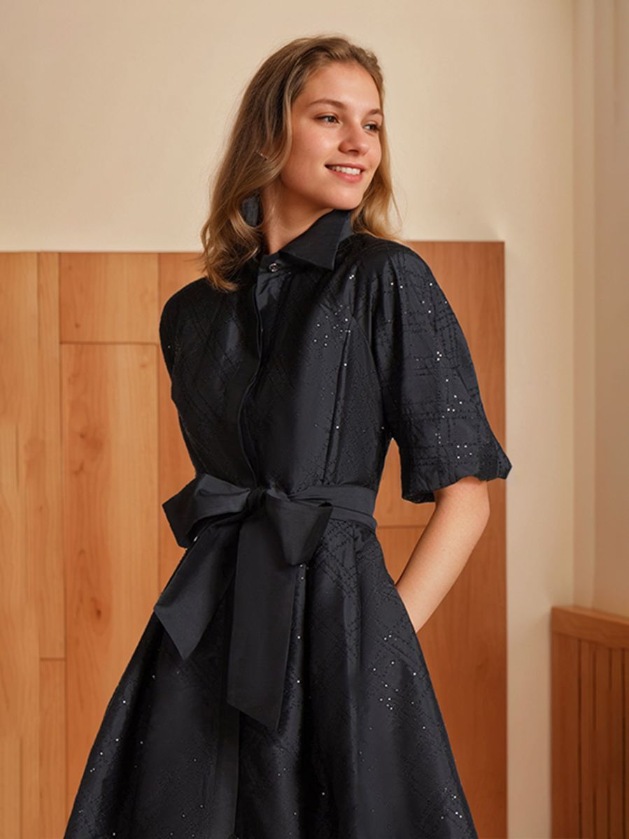 A-Line/Princess Shirt Collar Half Sleeves Knee-Length Chic Wedding Guest Dress with Bow Belt