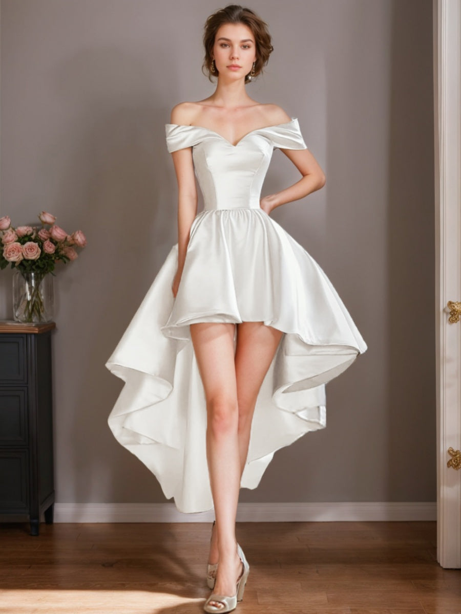 A-Line/Princess Off-the-shoulder Ruched Asymmetrical Wedding Dresses
