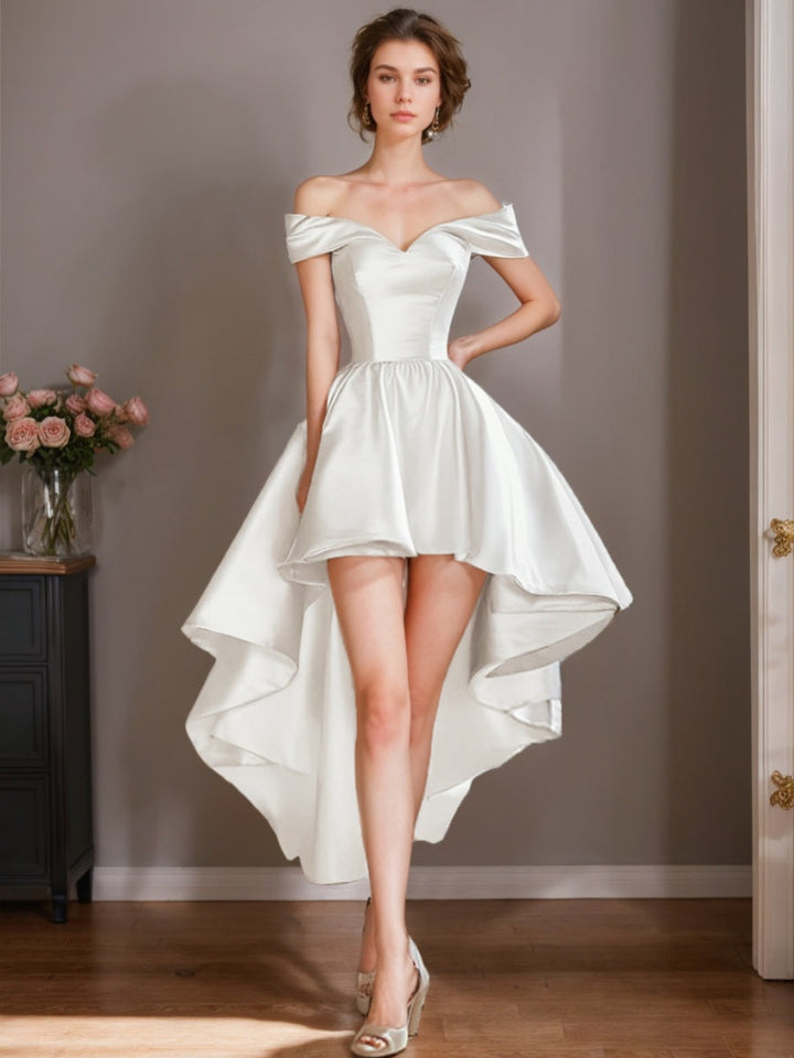 A-Line/Princess Off-the-shoulder Ruched Asymmetrical Wedding Dresses