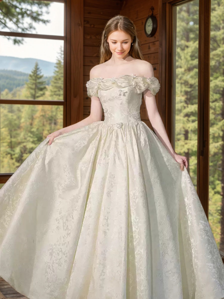 A-line/Princess Off-the-shoulder Ruched Floor-Length Pleated Wedding Dresses with 3D Flowers & Lace-up & Embroidery