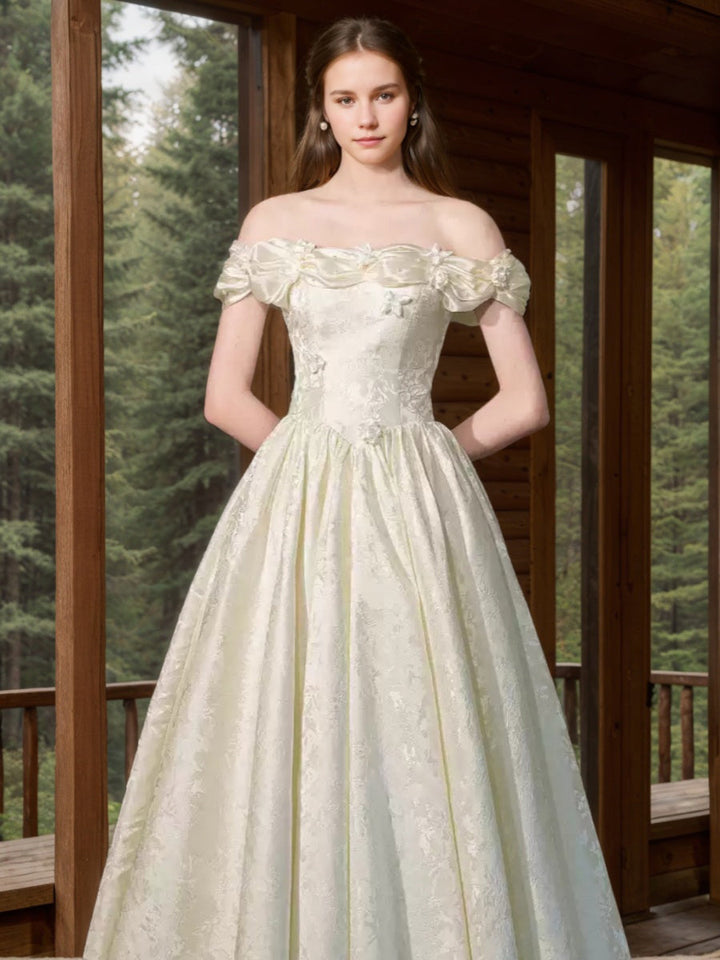 A-line/Princess Off-the-shoulder Ruched Floor-Length Pleated Wedding Dresses with 3D Flowers & Lace-up & Embroidery