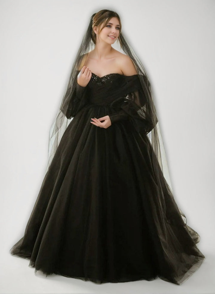 Ball-Gown Off-the-Shoulder 3/4 Sleeves Floor-Length Black Wedding Dresses with Lace-Up & Sequins