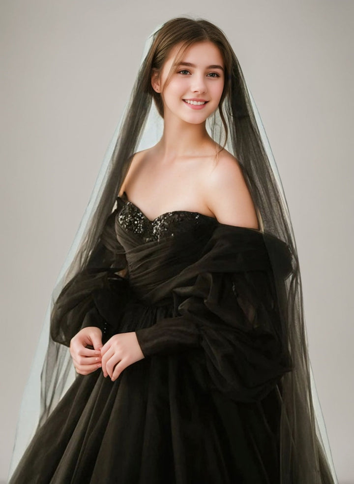 Ball-Gown Off-the-Shoulder 3/4 Sleeves Floor-Length Black Wedding Dresses with Lace-Up & Sequins