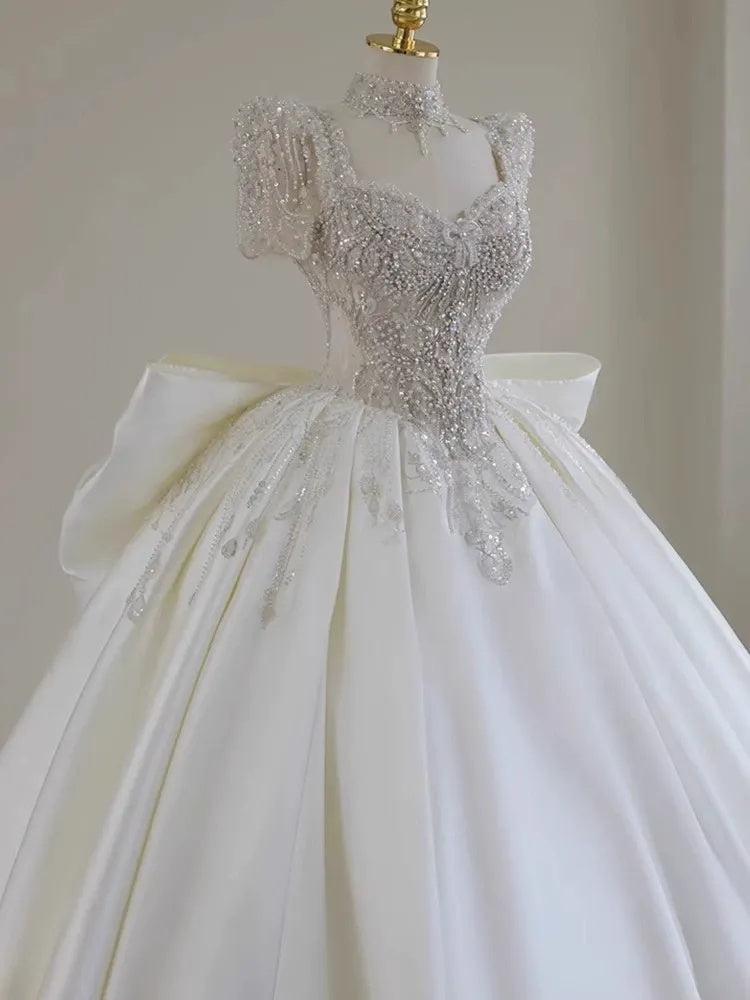 Ball Gown Sweetheart Short Sleeves Floor-Length Wedding Dresses with Lace Appliques & Beads & Oversized Bow