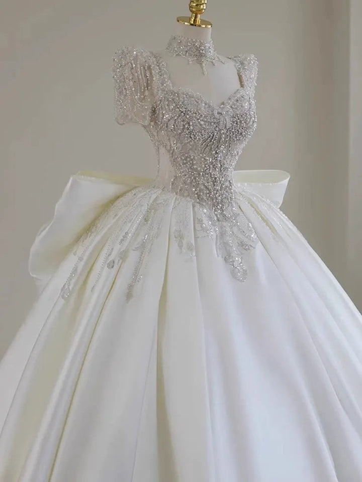 Ball Gown Sweetheart Short Sleeves Floor-Length Wedding Dresses with Lace Appliques & Beads & Oversized Bow