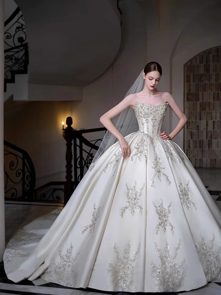Ball Gown Off-The-Shoulder Cathedral Train Pleated Wedding Dresses with Jewel Appliques