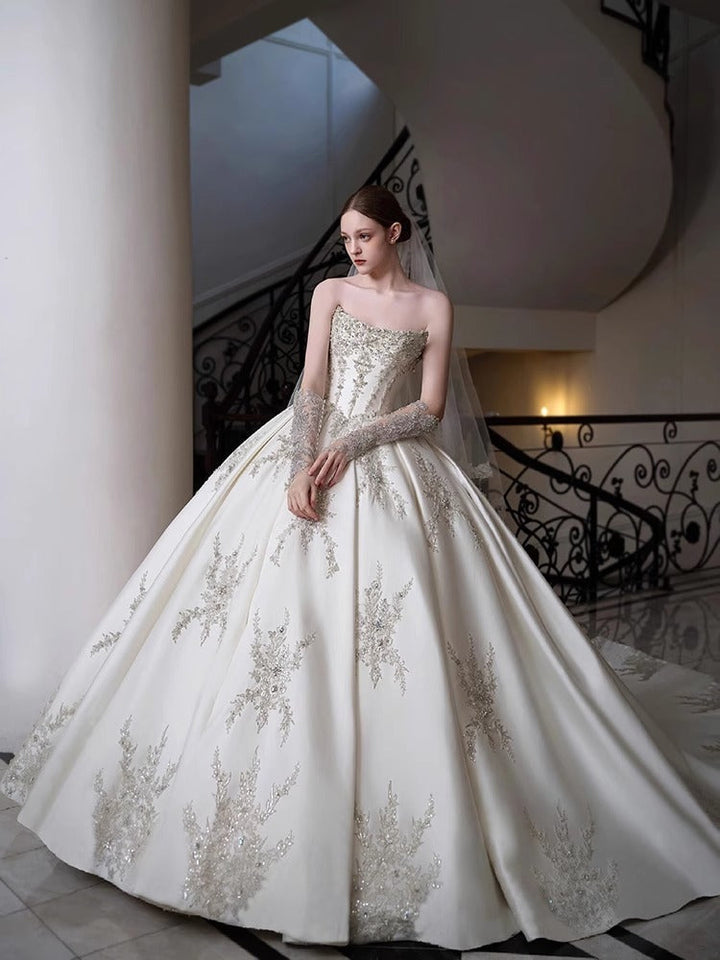 Ball Gown Off-The-Shoulder Cathedral Train Pleated Wedding Dresses with Jewel Appliques