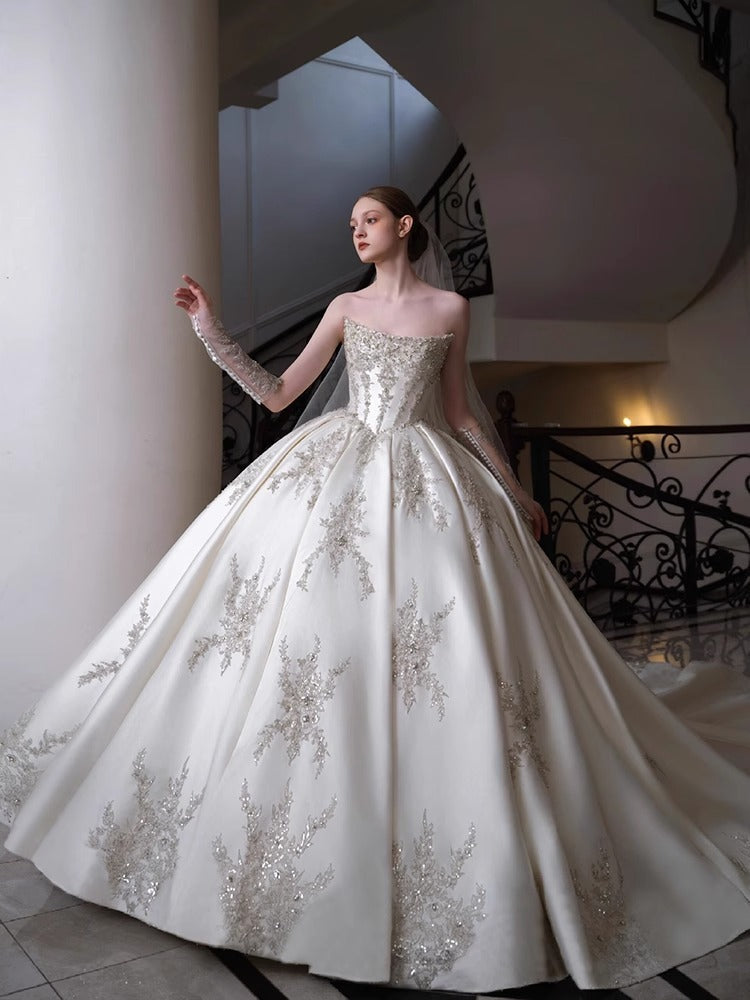 Ball Gown Off-The-Shoulder Cathedral Train Pleated Wedding Dresses with Jewel Appliques