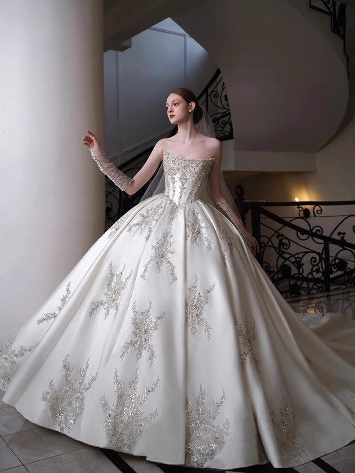 Ball Gown Off-The-Shoulder Cathedral Train Pleated Wedding Dresses with Jewel Appliques