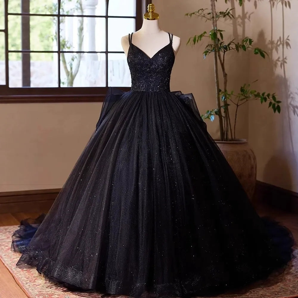 Ball Gown Double Spaghetti Straps Floor-Length Black Wedding Dresses with Criss-cross Lace-up
