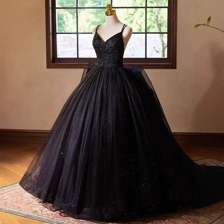 Ball Gown Double Spaghetti Straps Floor-Length Black Wedding Dresses with Criss-cross Lace-up