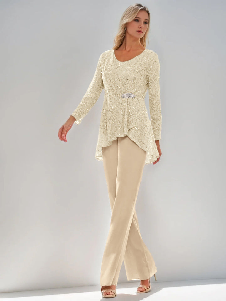 3 Pieces Scoop Sleeveless Floor-Length Wedding Guest Pantsuits with Lace Ruffles & Sequins