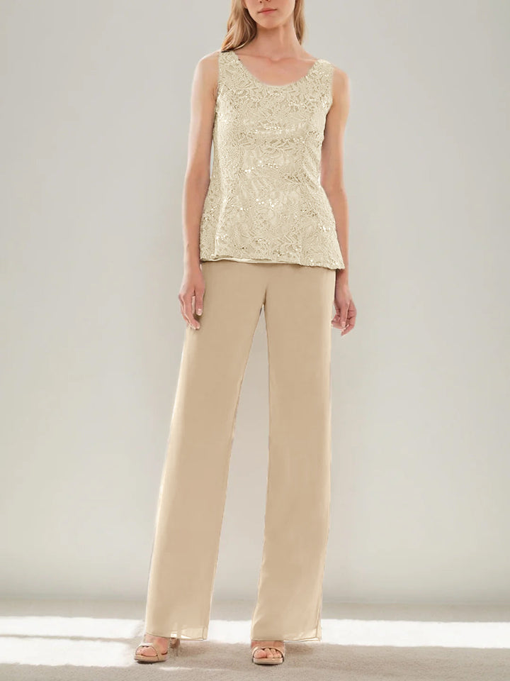 3 Pieces Scoop Sleeveless Floor-Length Wedding Guest Pantsuits with Lace Ruffles & Sequins