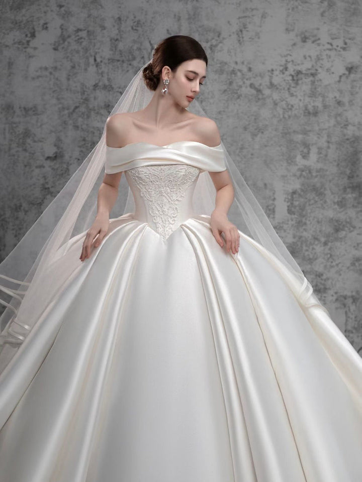 Ball Gown Off-the-Shoulder Floor-Length Wedding Dresses with Appliques & Ruffles