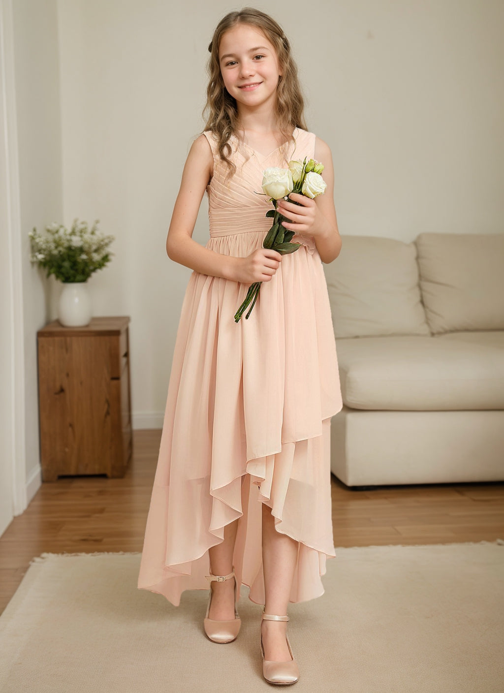 A-Line/Princess V-Neck Asymmetrical Pleated Chiffon Junior Bridesmaid Dress With Flower