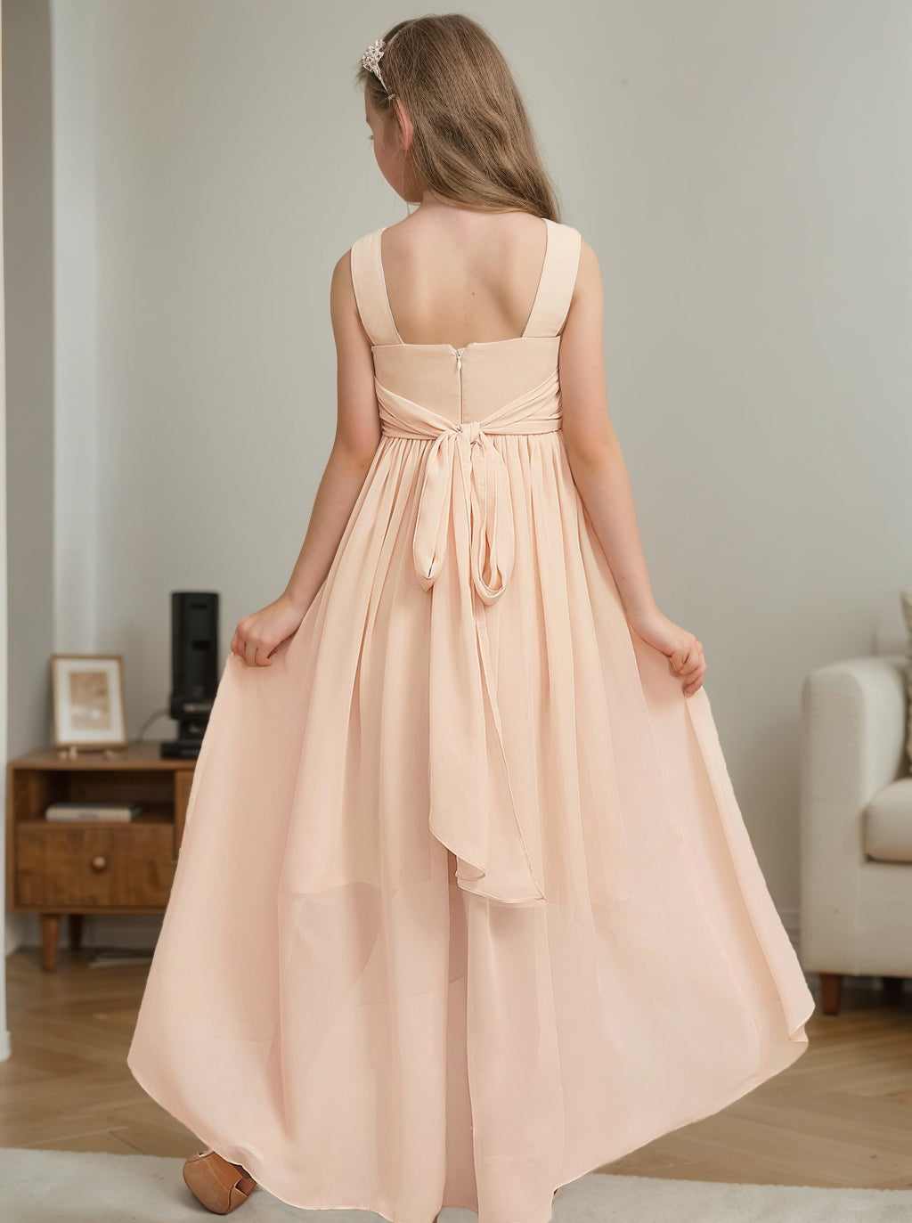 A-Line/Princess V-Neck Asymmetrical Pleated Chiffon Junior Bridesmaid Dress With Flower