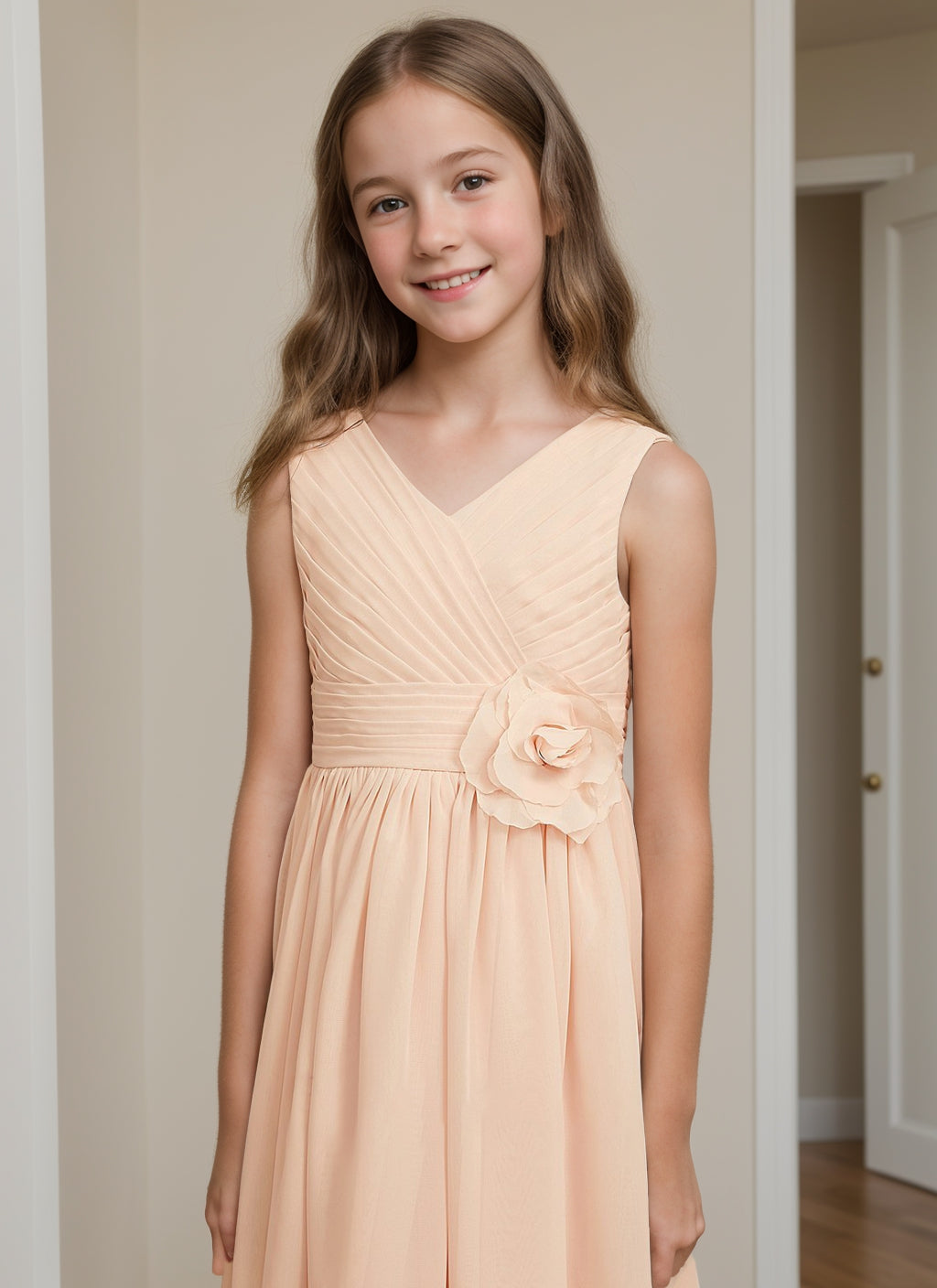 A-Line/Princess V-Neck Asymmetrical Pleated Chiffon Junior Bridesmaid Dress With Flower