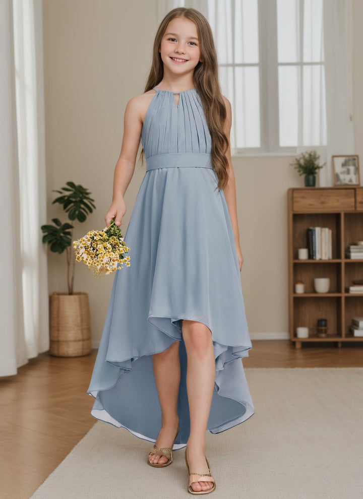 A-Line/Princess Halter Asymmetrical Junior Bridesmaid Dress With Pleats