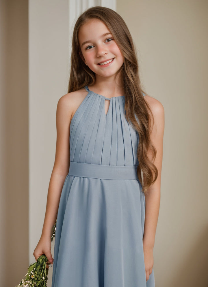 A-Line/Princess Halter Asymmetrical Junior Bridesmaid Dress With Pleats