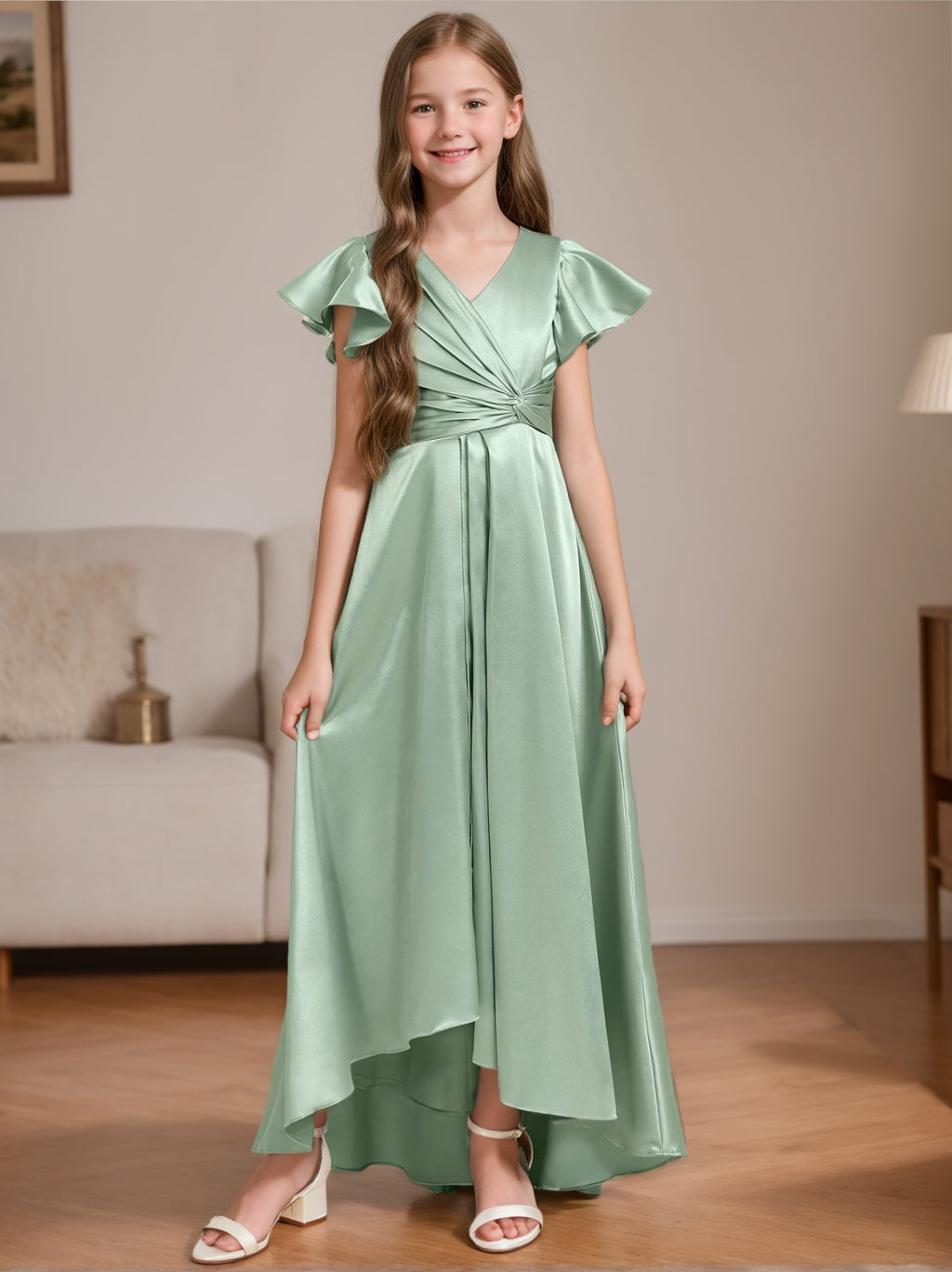 A-Line/Princess V-Neck Short Sleeves High Low Junior Bridesmaid Dresses With Pleated