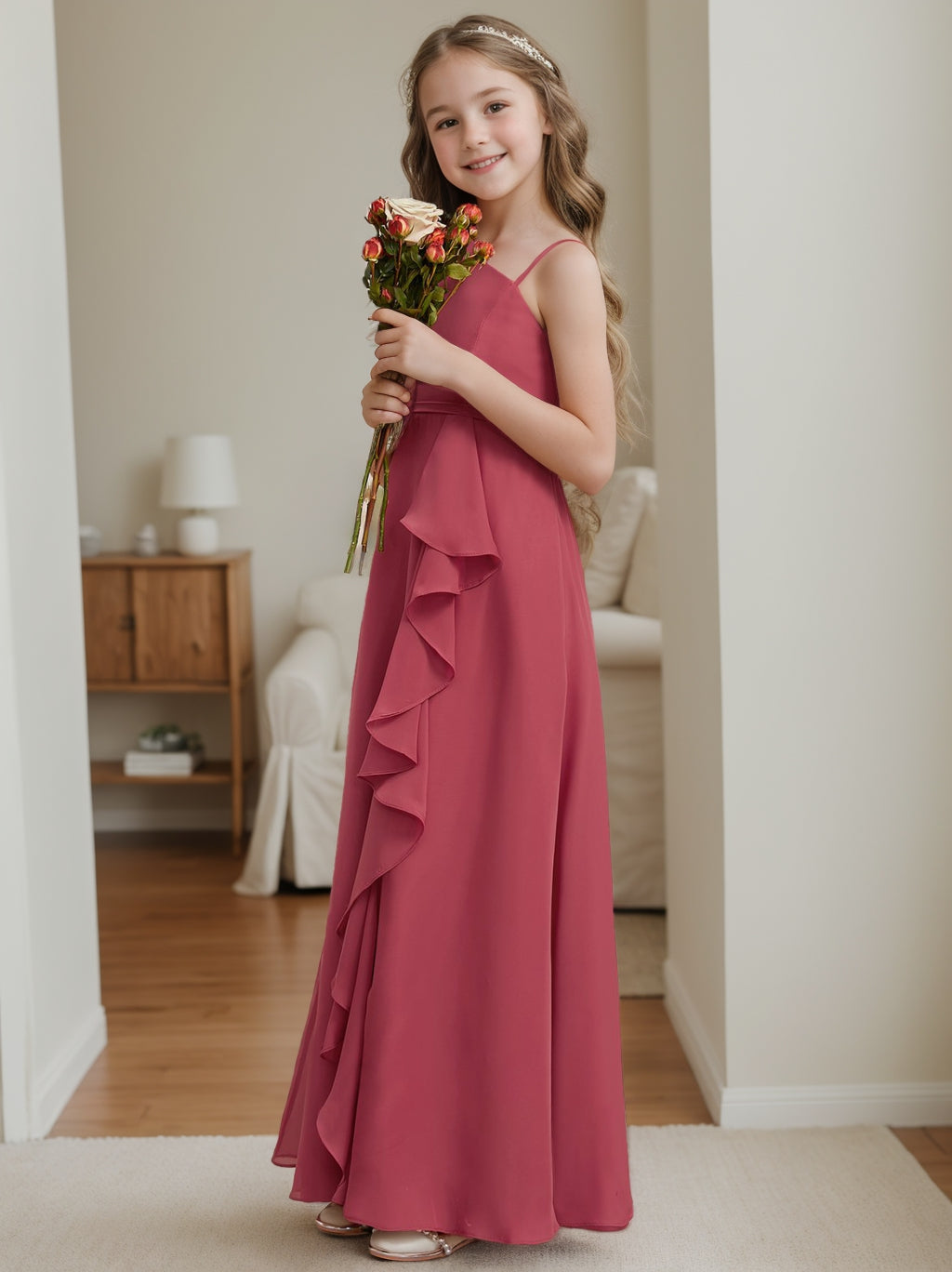 A-Line/Princess One Shoulder Floor-Length Junior Bridesmaid Dress with Ruffles