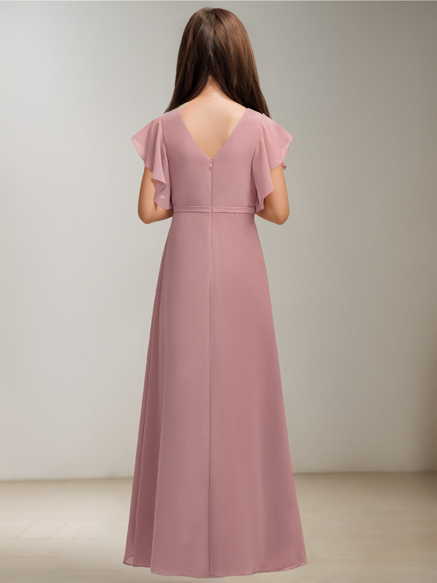 A-Line/Princess V-Neck Short Sleeves Junior Bridesmaid Dress with Ruffles