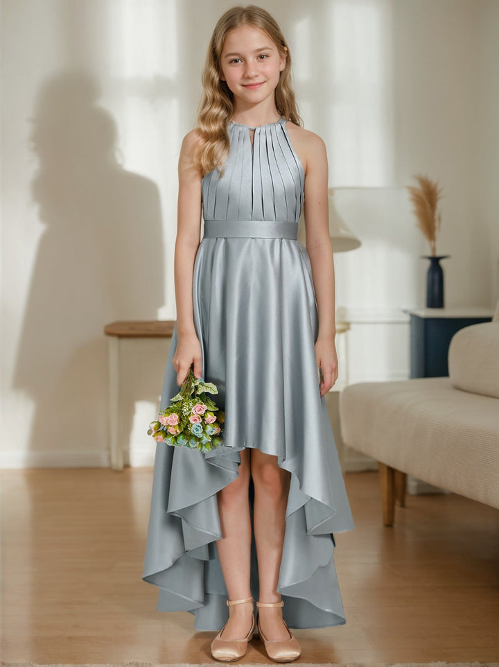 A-Line/Princess Halter Sleeveless High Low Junior Bridesmaid Dress With Pleats