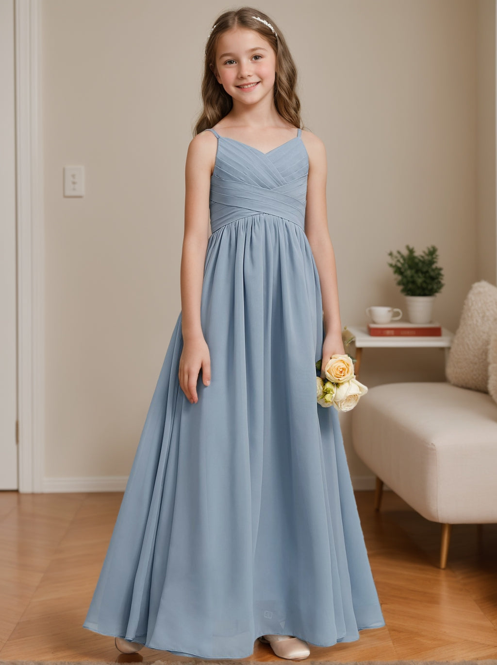 A-Line/Princess V-Neck Spaghetti Straps Junior Bridesmaid Dress with Pleats