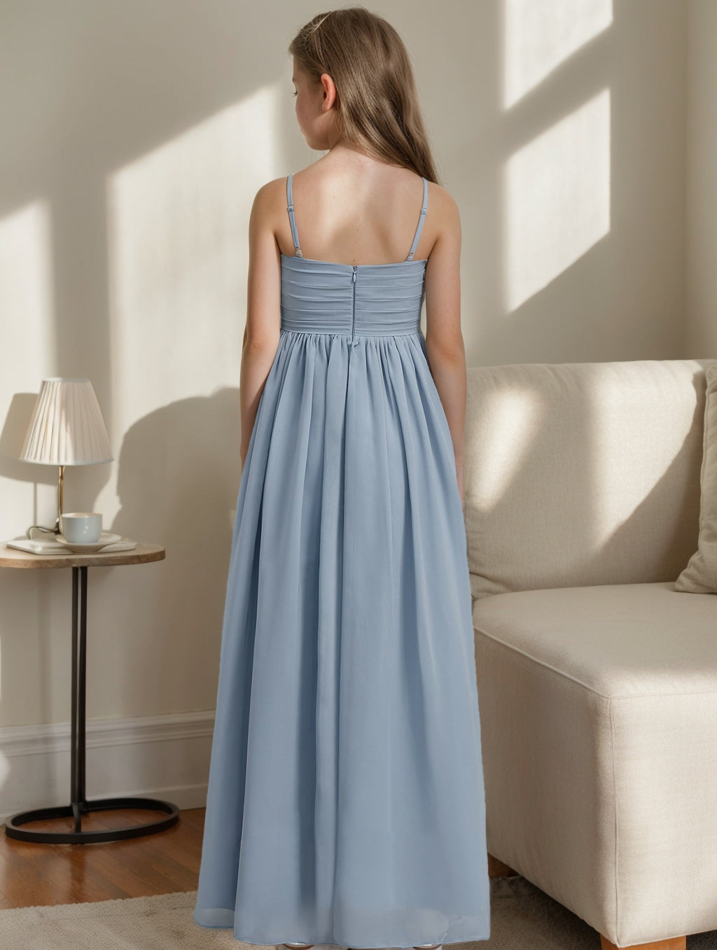 A-Line/Princess V-Neck Spaghetti Straps Junior Bridesmaid Dress with Pleats