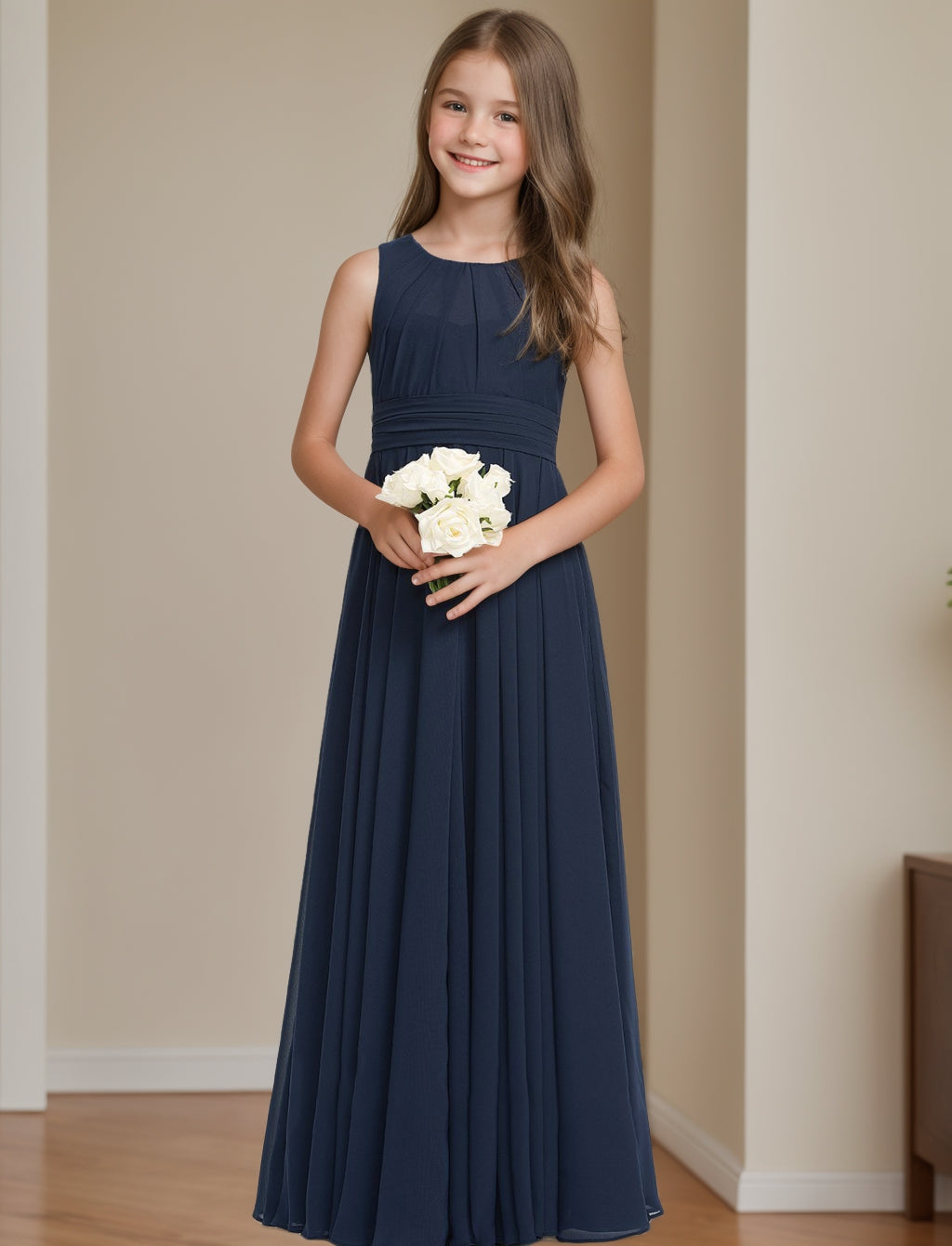 A-Line/Princess Round Neck Sleeveless Junior Bridesmaid Dresses with Pleats