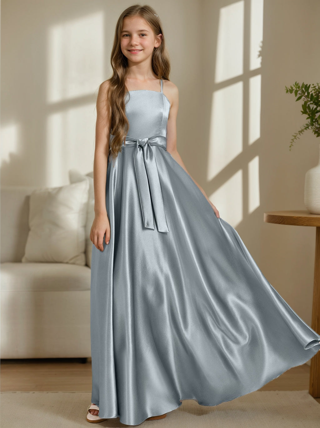 A-Line/Princess Spaghetti Straps Sleeveless Junior Bridesmaid Dresses with Sash