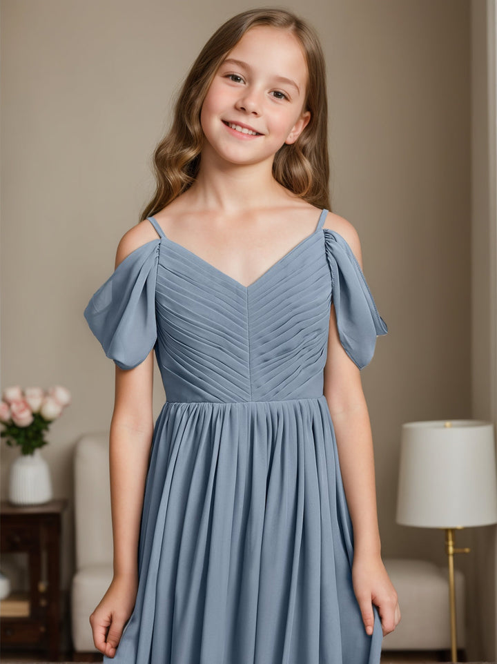 A-Line/Princess Off-the-Shoulder V-Neck Junior Bridesmaid Dress with Pleats