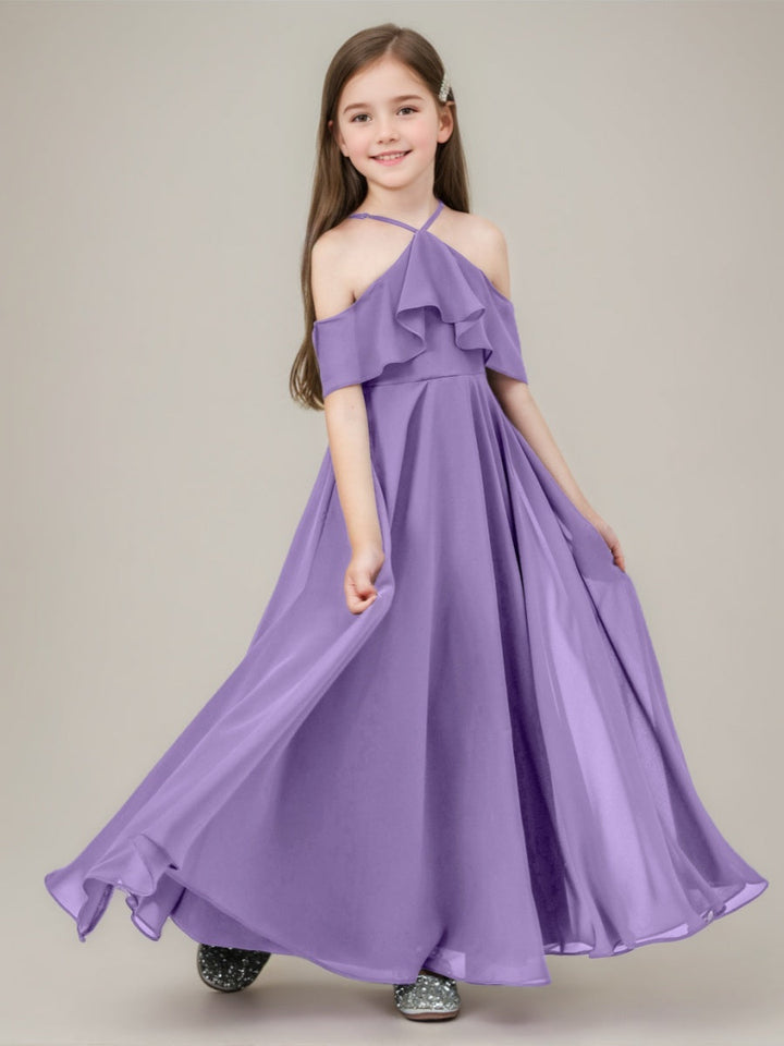 A-Line/Princess Halter Floor-Length Junior Bridesmaid Dresses with Ruffles