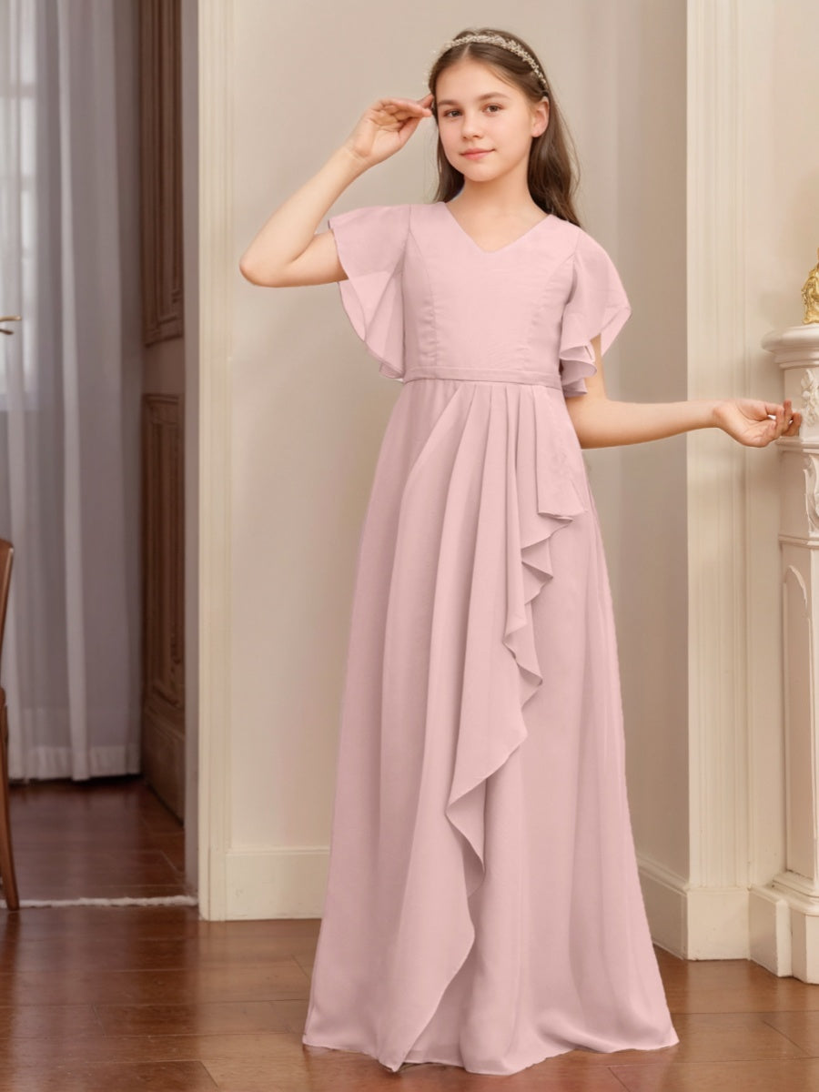 A-Line/Princess V-neck Short Sleeves Ruched Floor-Length Junior Bridesmaid Dresses with Ruffles