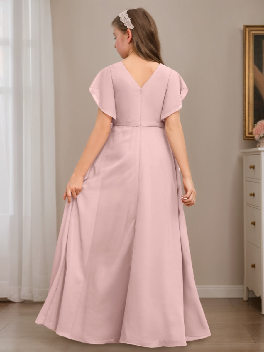 A-Line/Princess V-neck Short Sleeves Ruched Floor-Length Junior Bridesmaid Dresses with Ruffles