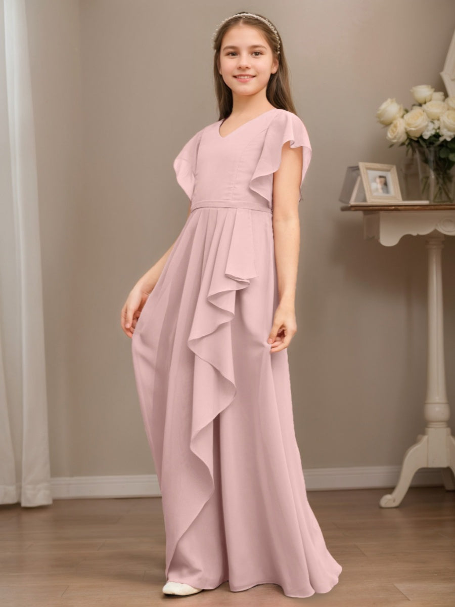 A-Line/Princess V-neck Short Sleeves Ruched Floor-Length Junior Bridesmaid Dresses with Ruffles