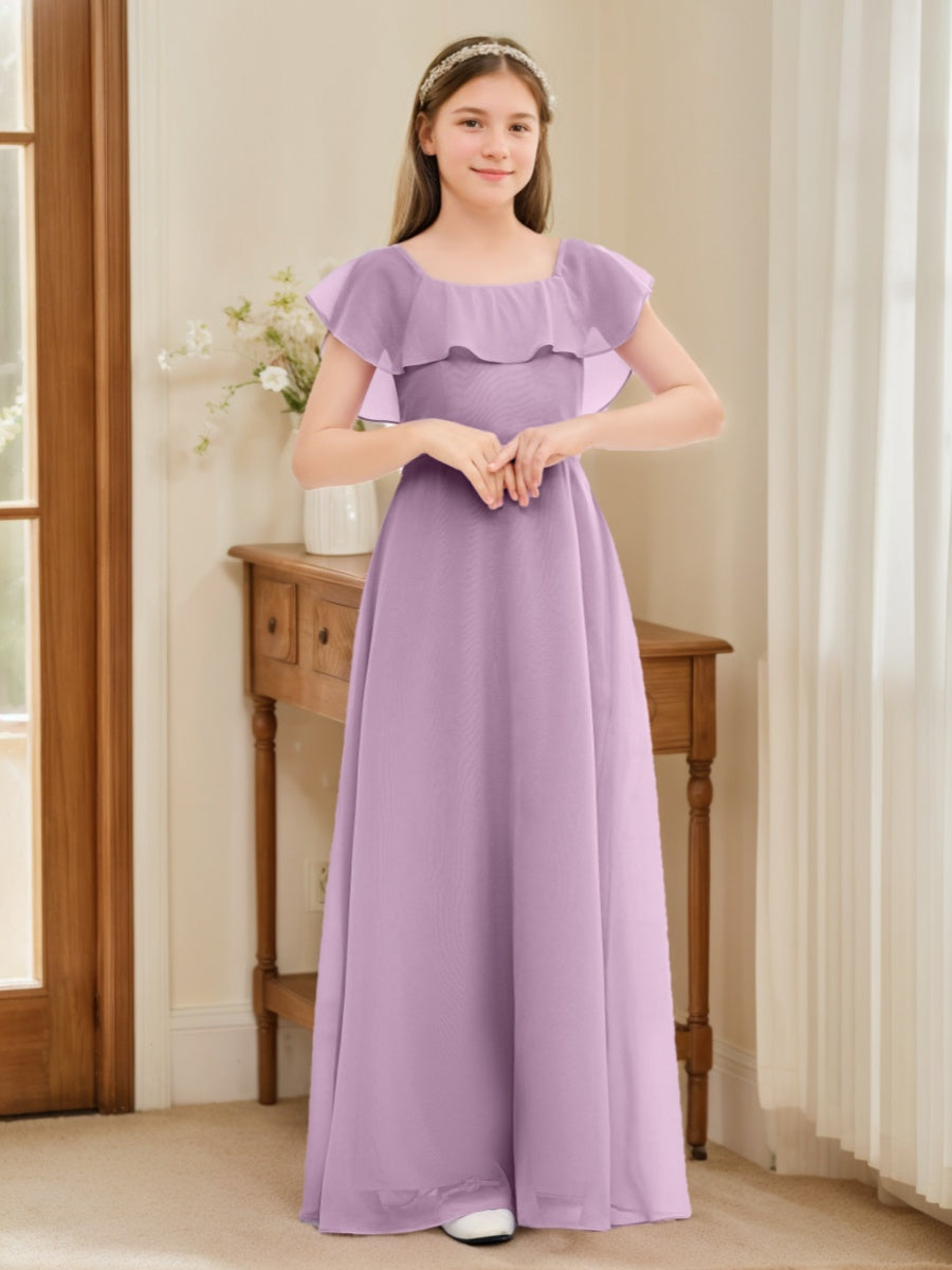 A-Line/Princess Scoop Short Sleeves Floor-Length Junior Bridesmaid Dresses with Ruffles