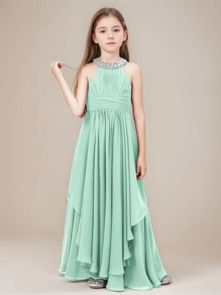 A-Line/Princess Beaded Halter Ruched Floor-Length Junior Bridesmaid Dresses with Ruffles
