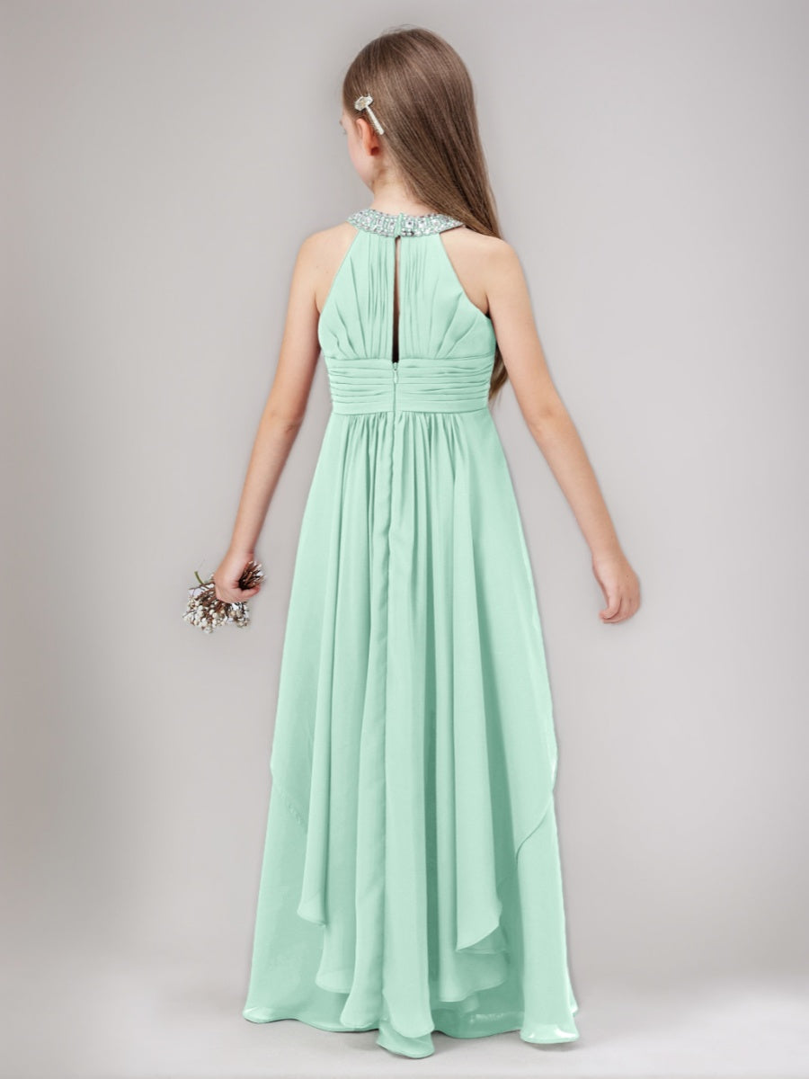 A-Line/Princess Beaded Halter Ruched Floor-Length Junior Bridesmaid Dresses with Ruffles