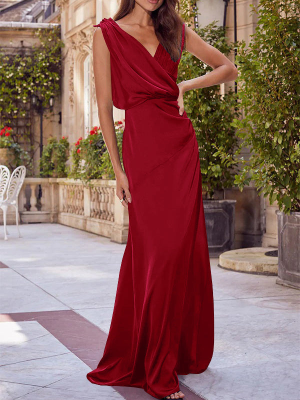 A-Line/Princess V-Neck Sleeveless Floor-Length Bridesmaid Dresses with Ruched