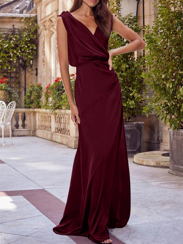 A-Line/Princess V-Neck Sleeveless Floor-Length Bridesmaid Dresses with Ruched